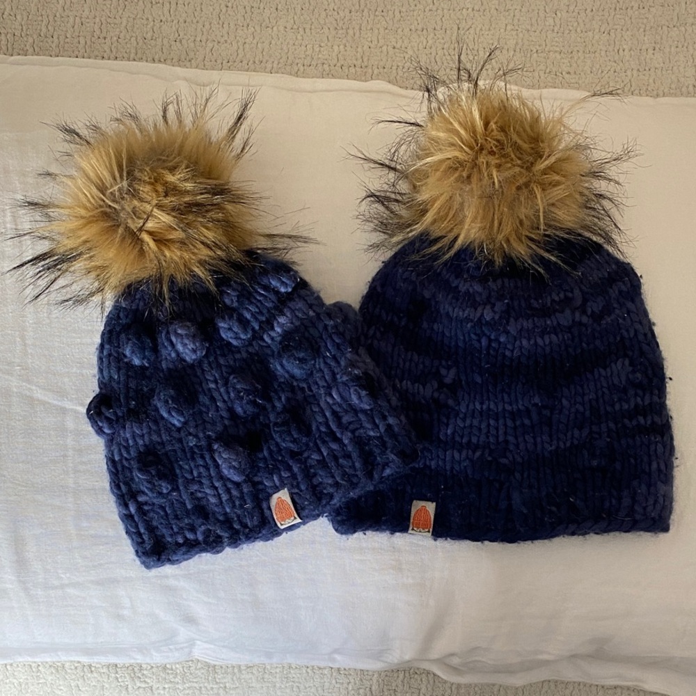 Navy Blue wool Knit Beanie Set for mom/child